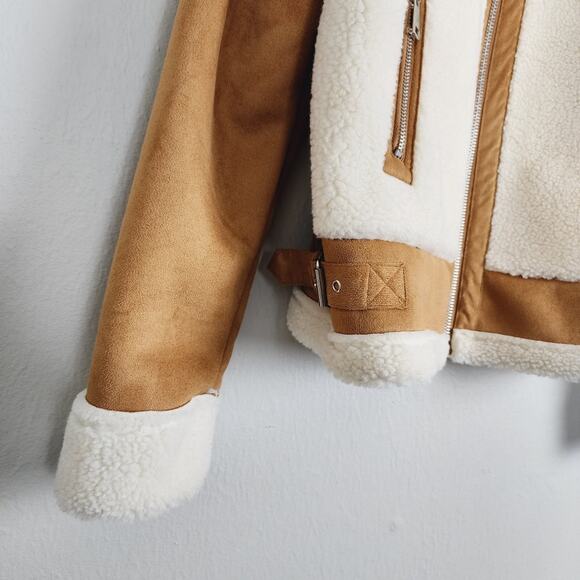 Love Tree Tan Faux Suede Sherpa Moto Jacket Aviator Biker Coat Camel Brown Large - Picture 6 of 11